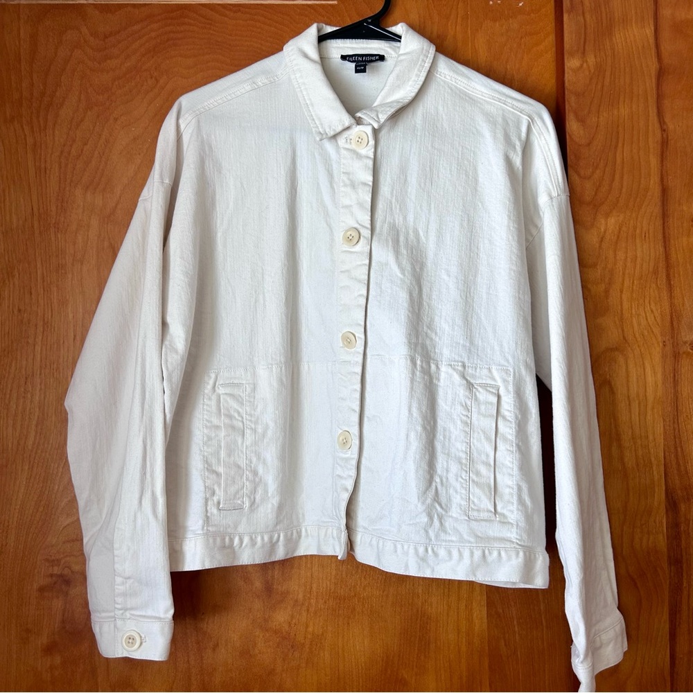 Eileen Fisher Boxy Undyed White Organic Cotton Denim Utility Jacket, size XS